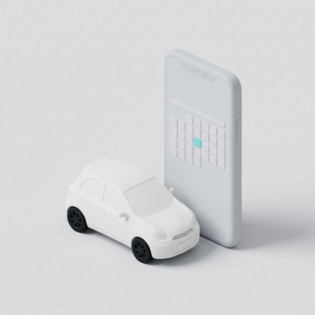 A car next to a phone showing a calendar with one day marked.