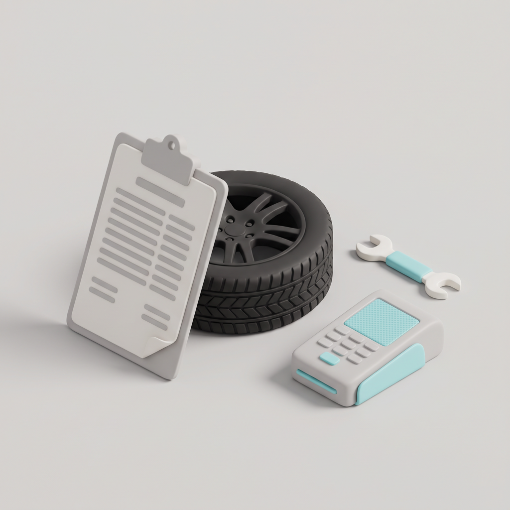 A work order on a clipboard, a tyre, a spanner and a payment terminal.