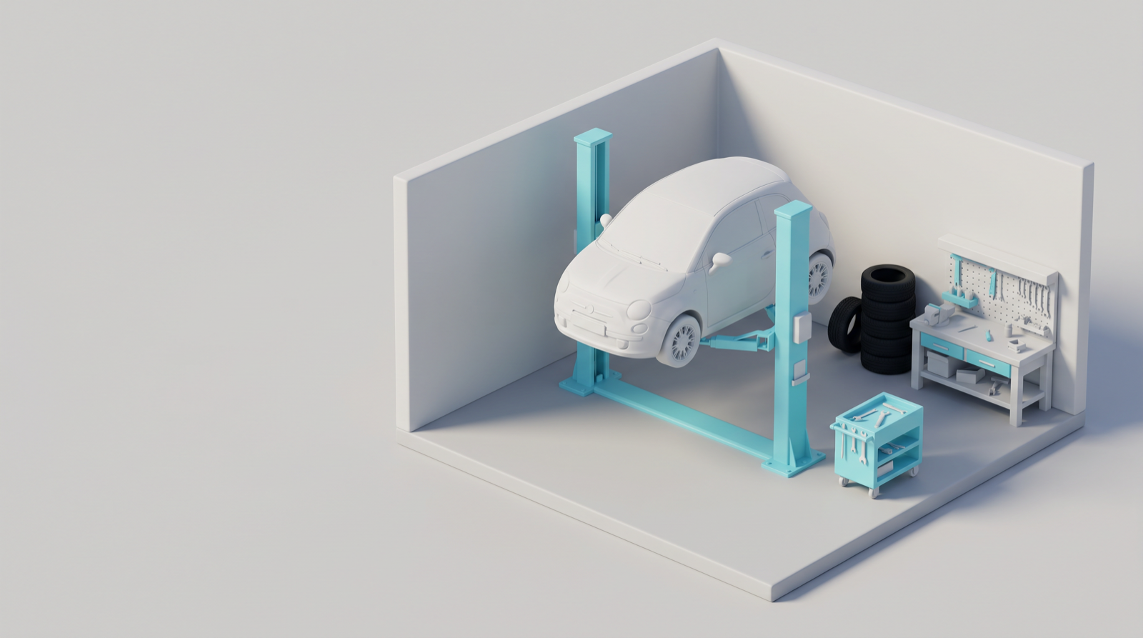 A small workshop as a clay model: a car on a lift, a stack of tyres and a workbench.